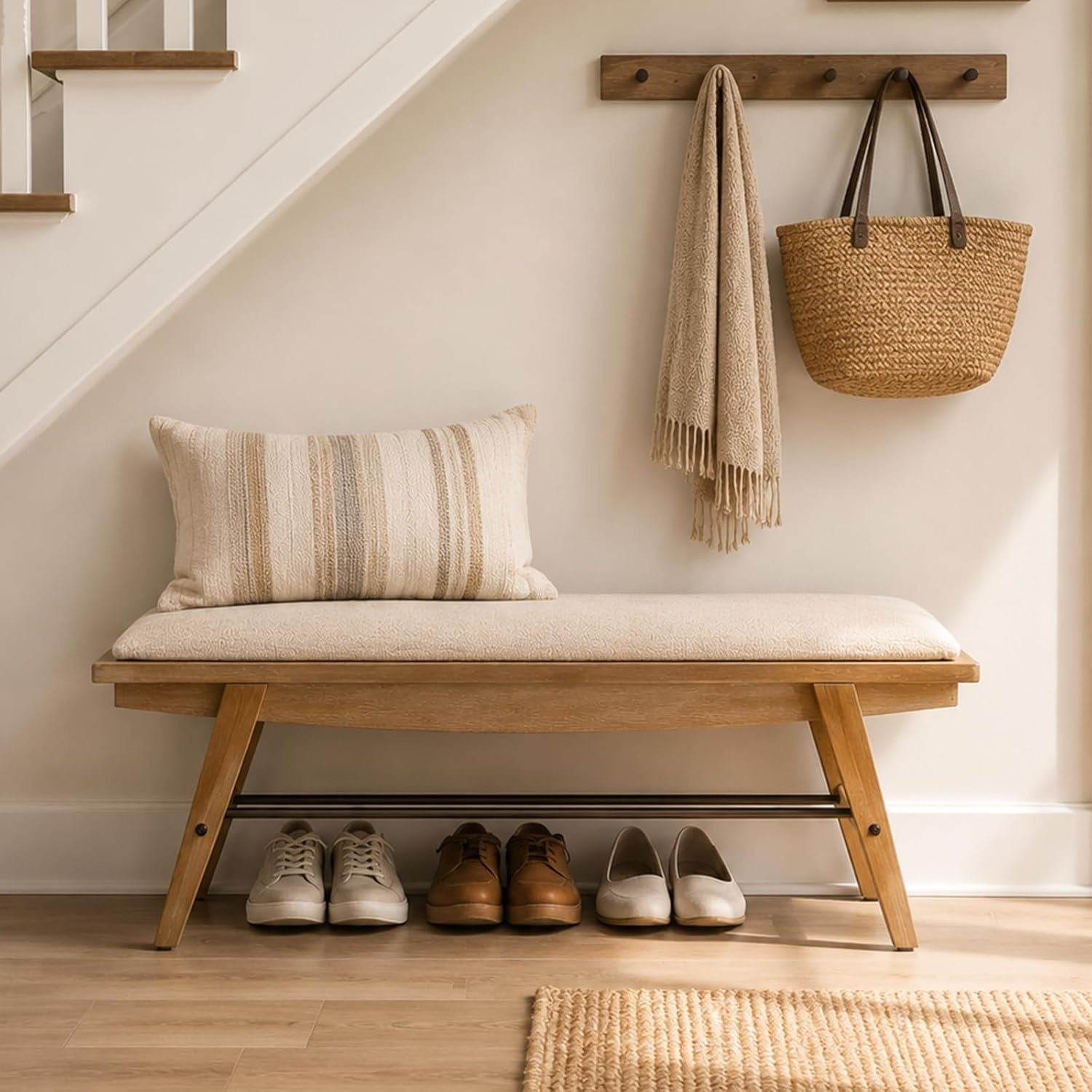 Linen & Natural Wood Entryway Bench