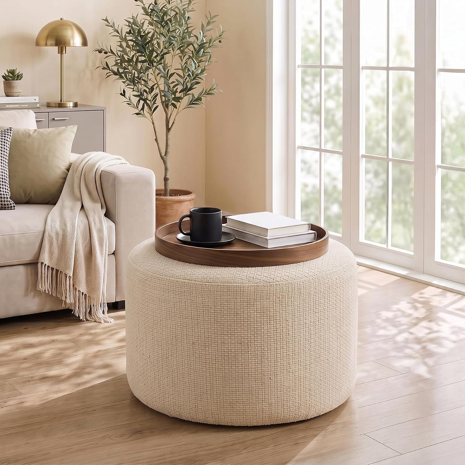 Textured Cream Round Ottoman