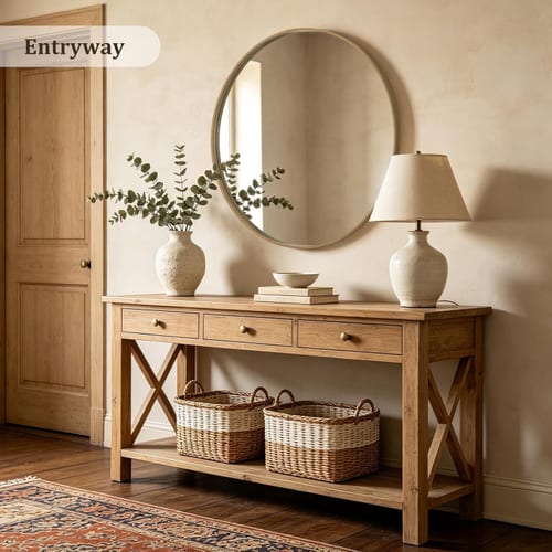 Natural Wood Round Mirror