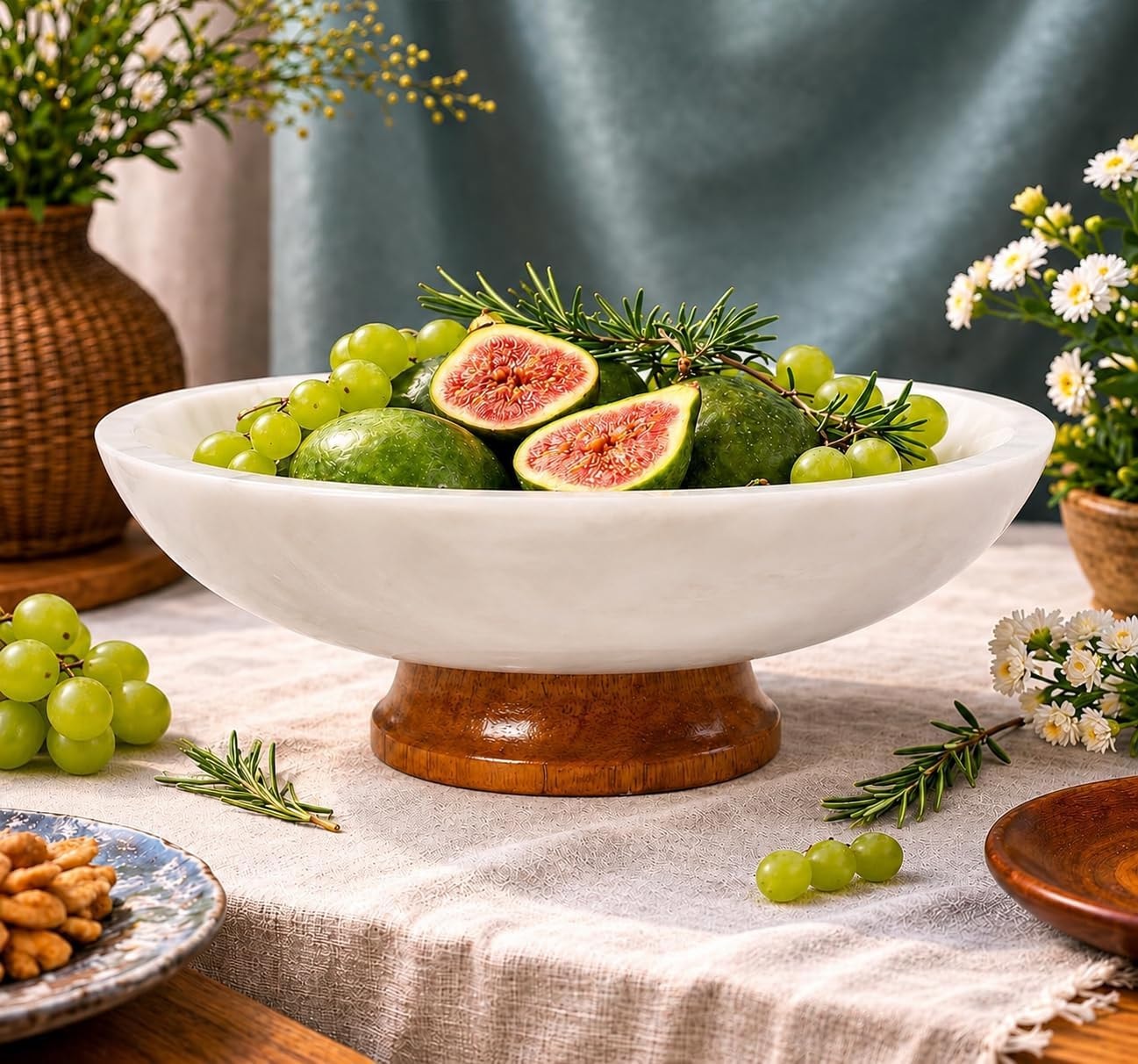 White Marble & Wood Pedestal Bowl