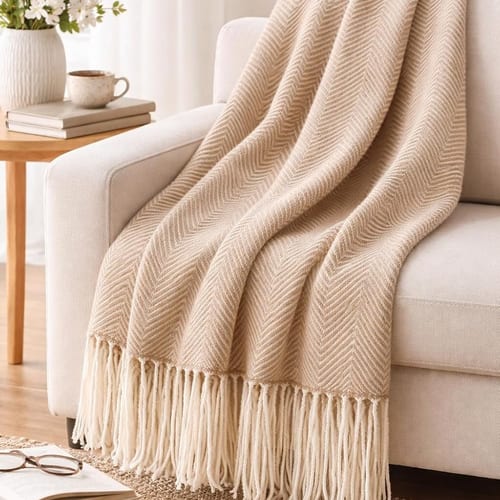 Camel Herringbone Fringed Throw